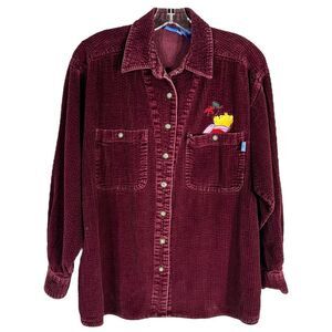 VTG Winnie the Pooh Medium Top Button Up Blouse Corduroy Embroidered Maroon 1394